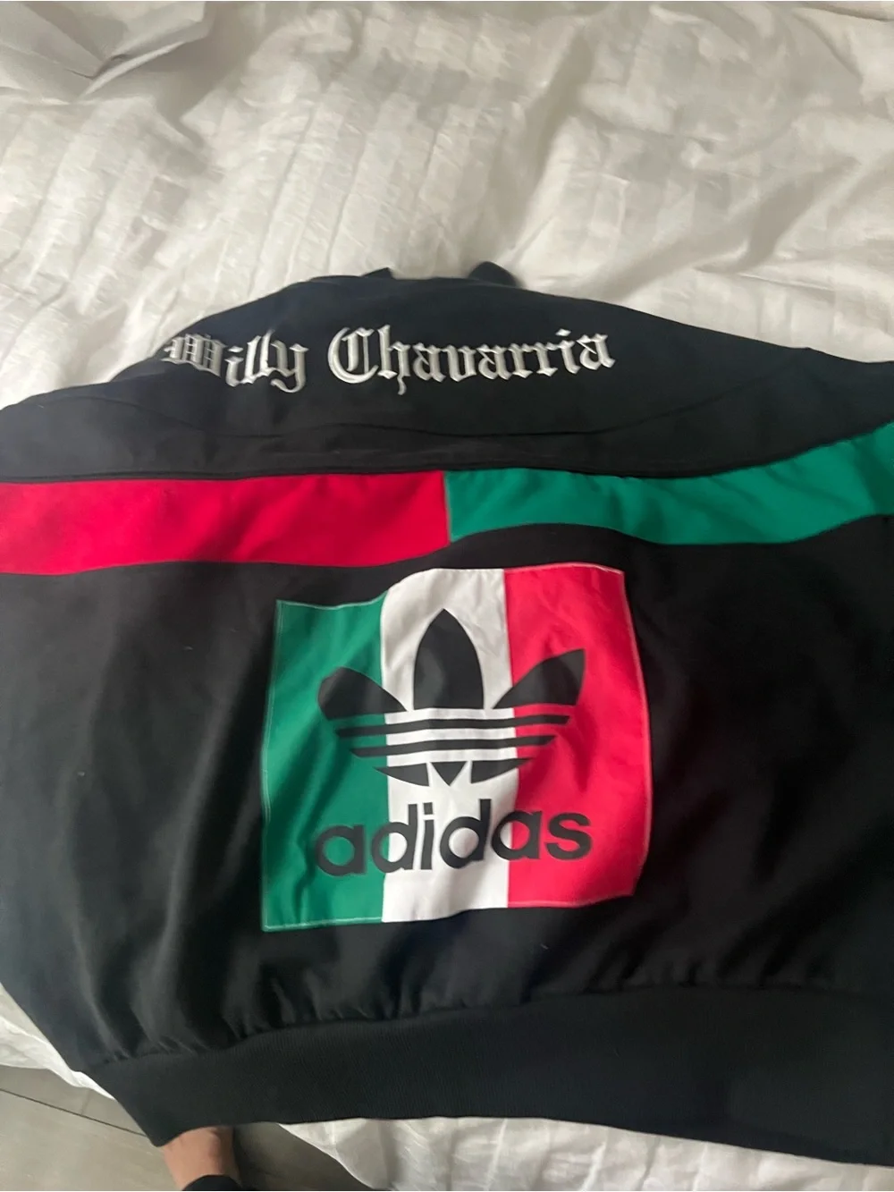 WILLY CHAVARRIA/ ADIDAS unisex Black Crewneck Sweater with Green & Red Panels